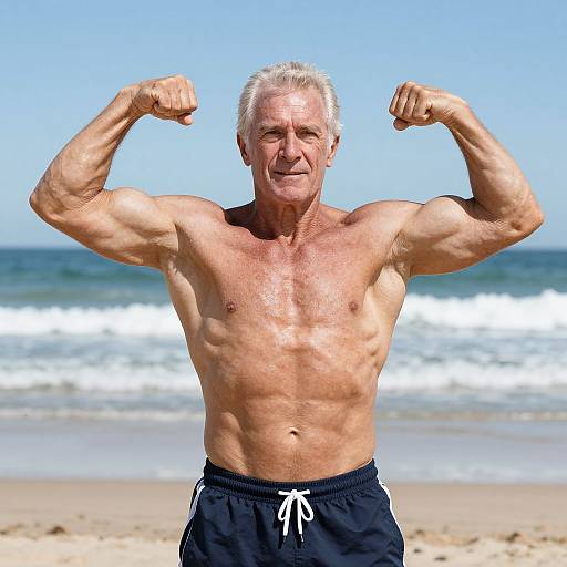 Muscular Elderly Man Flexing on Beach