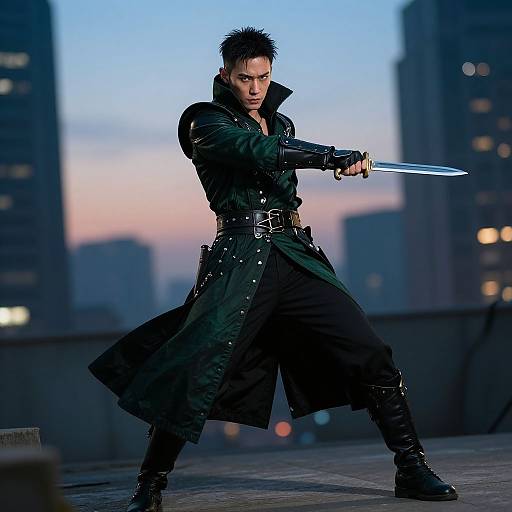 Photorealistic CGI of a fierce, black-haired man in a long, dark trench coat, wielding a glowing sword, standing on a rooftop at dusk