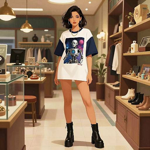 Photorealistic digital image of a stylish woman with curly black hair, wearing a white and navy graphic tee, black ankle boots, standing in a well