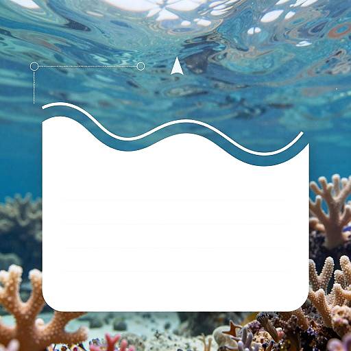 Photograph of underwater coral reef with blue water, white wavy text box overlay, and coral structures in the foreground.