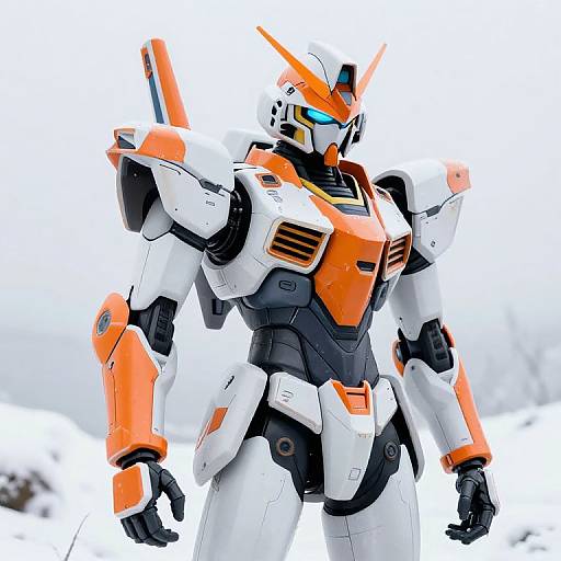 Photograph of a white, orange, and black robot with angular armor, glowing blue eyes, and orange fins, standing in a snowy landscape.