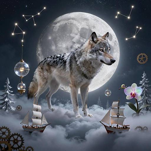 Moonlit Wolf Double-Exposure Surreal Dreamscape