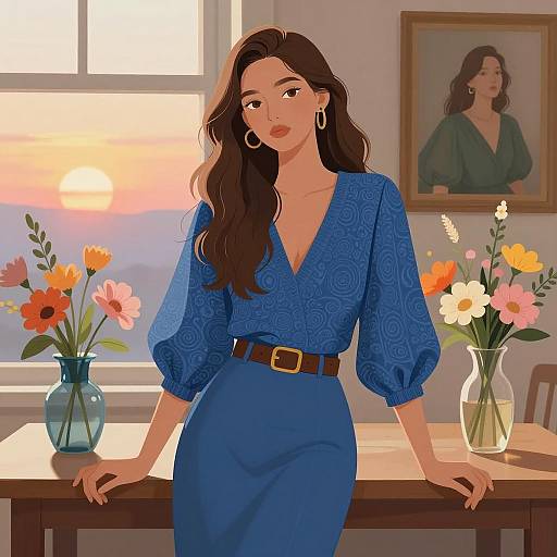 Young Woman in Blue Outfit by Sunset Window