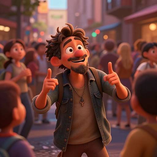 CGI image of a bearded man with curly hair, wearing a denim jacket and necklace, enthusiastically pointing up in a vibrant, busy street scene with