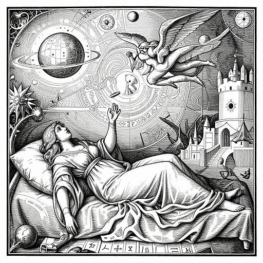 Black-and-white woodcut illustration of a sleeping woman under a textured sky, with angels, planets, and a castle in the background.