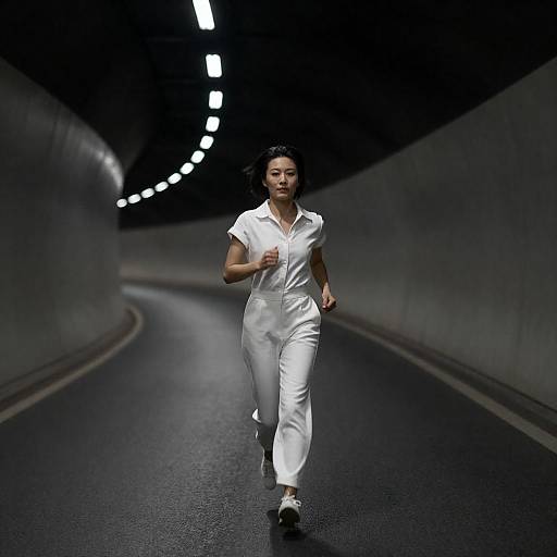 Woman Running Through Metallic Glowing Tunnel
