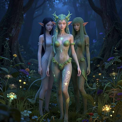 CGI fantasy forest scene with three ethereal, green-skinned, elf-like women with glowing tattoos, leaf adornments, and antler headpieces