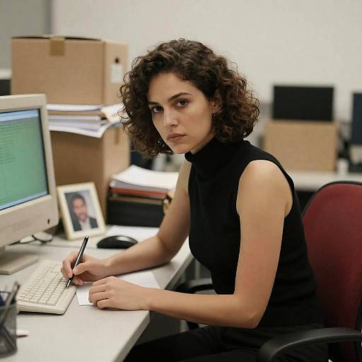 Focused Woman at Cluttered Office Desk