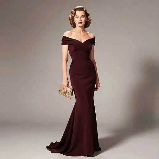 Photograph of a glamorous woman with vintage curls in an off-shoulder, black evening gown, holding a sparkly clutch, standing against a neutral