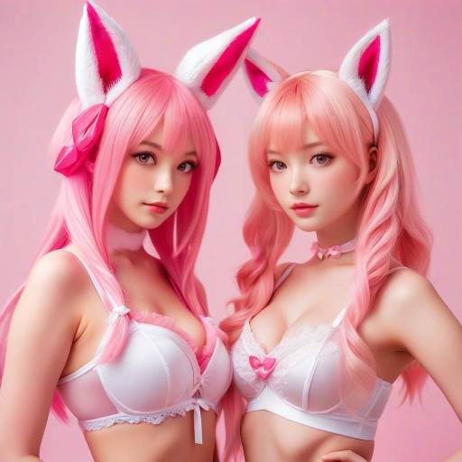 Two Women in Pink Bunny Ears and Lingerie