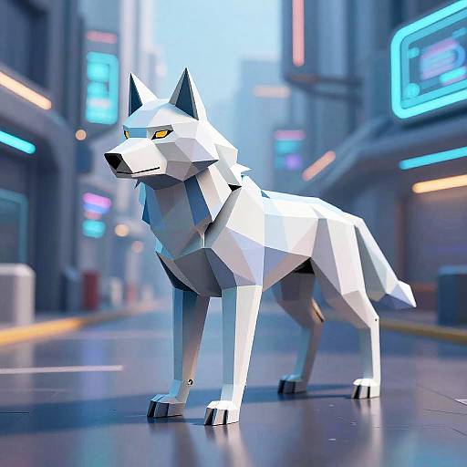 CGI digital art of a white, angular, polygonal wolf with yellow eyes walking in a neon-lit, futuristic city street at night.