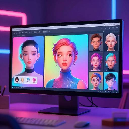 Photorealistic CGI image of a computer monitor displaying a digital portrait editor with neon-lit background, featuring multiple headshots and color palette options.