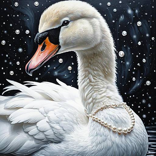 Elegant Swan with Pearl Necklace Oil Painting