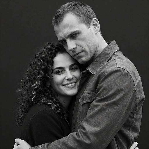 Black-and-white photograph of a curly-haired woman smiling, leaning into a short-haired man in a denim jacket, against a dark background.