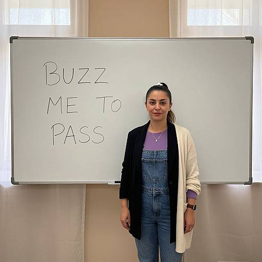 Photograph of a woman with dark hair in a ponytail, wearing a black cardigan, white knit scarf, purple shirt, and blue overalls