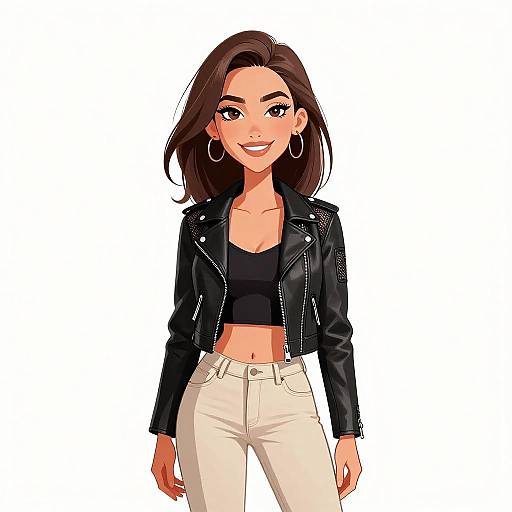 Digital illustration of a smiling woman with medium-length brown hair, wearing a black leather jacket, black crop top, and white pants.