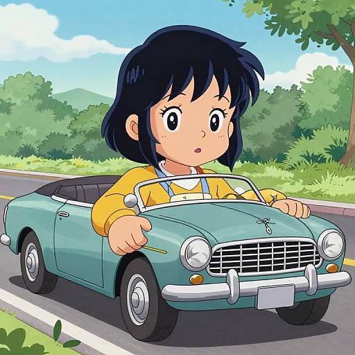 Anime-style drawing of a young girl with black hair, wearing a yellow shirt and white apron, driving a blue convertible car on a sunny road with