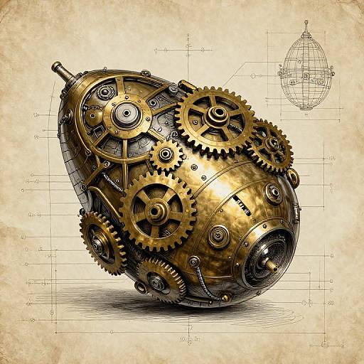 Steampunk-style, intricately detailed mechanical sphere with brass gears and cogs, set against a vintage, parchment-like background with technical diagrams.