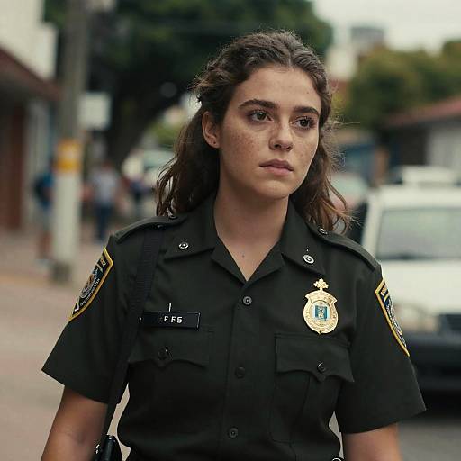 Photograph of a serious young woman with long brown hair in a black police uniform, standing on a blurred street with cars and buildings in the background.