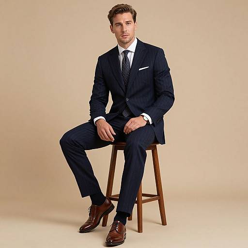 Photograph of a handsome, light-skinned man with short brown hair, sitting on a wooden stool, wearing a dark navy suit, white shirt,