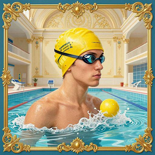 Photograph of a muscular woman in a yellow swim cap and black goggles, holding a yellow pull buoy in an ornate indoor pool. Gold-framed