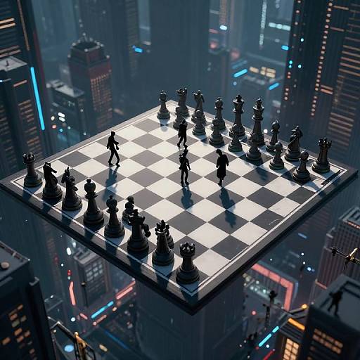 CGI image of a floating chessboard in a neon-lit, futuristic cityscape, with silhouetted black chess pieces on a white and