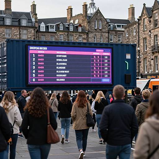Photograph of a crowded city square with people walking past a large digital scoreboard displaying sports scores against a backdrop of historic stone buildings.