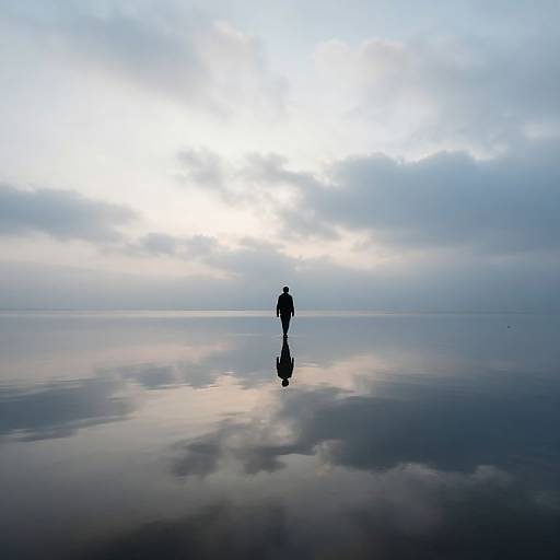 Silhouette of a solitary figure walking on a reflective, mirror-like surface under a cloudy, bright sky. Photographic image.