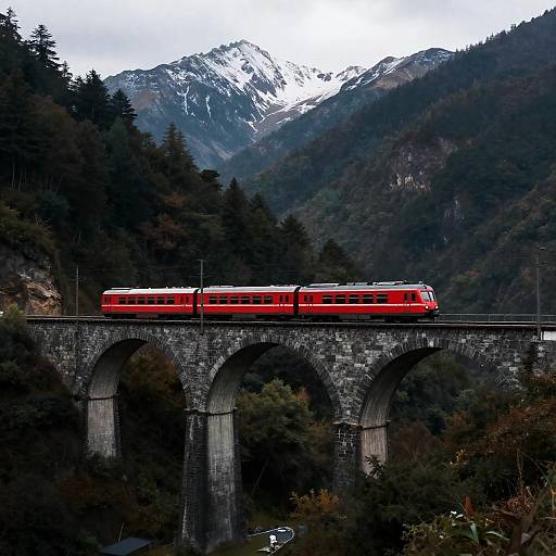Red Train Crossing a Stunning Arch Bridge