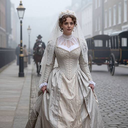 Photograph of a Victorian-era bride in a white lace gown with high collar and veil, standing on a foggy cobblestone street with horse-d