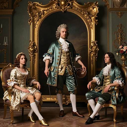 Photograph of 18th-century aristocrats in opulent attire; central standing man in teal coat, flanked by seated women in gold dresses,