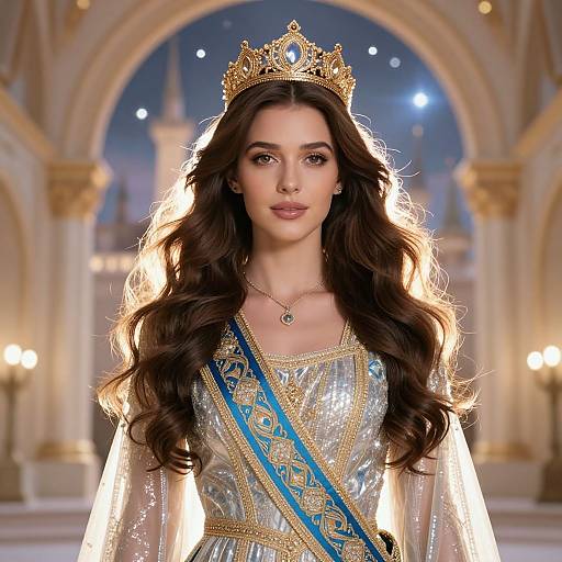 Regal Young Woman in Illuminated Hall