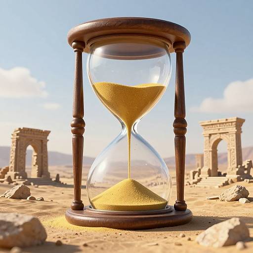 Photograph of an hourglass with golden sand in a desert, featuring ancient stone arches in the background under a clear blue sky.