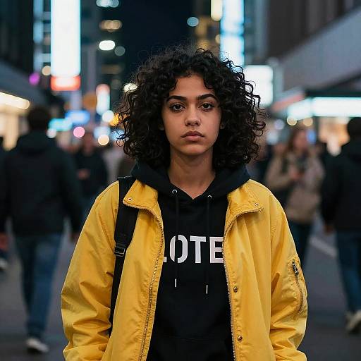 Photograph of curly-haired young woman with medium brown skin, wearing a yellow jacket and black hoodie, standing in a bustling, brightly lit urban night street