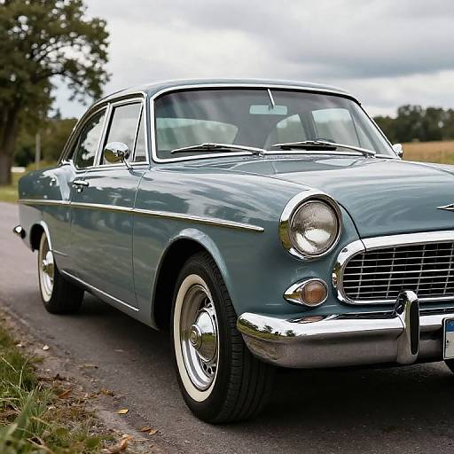 Photograph of a classic, shiny blue vintage sedan with chrome accents, white-walled tires, parked on a rural road, overcast sky, tree