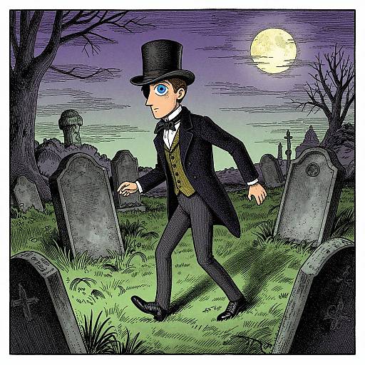 Cartoon-style drawing of a wide-eyed, blue-eyed man in a black top hat and Victorian suit walking through a spooky, moonlit graveyard with grav