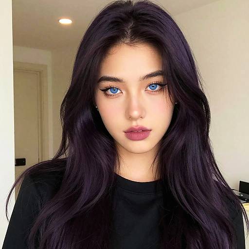 Photograph of a young woman with long, wavy black hair, striking blue eyes, and dark pink lipstick, wearing a black top, against a