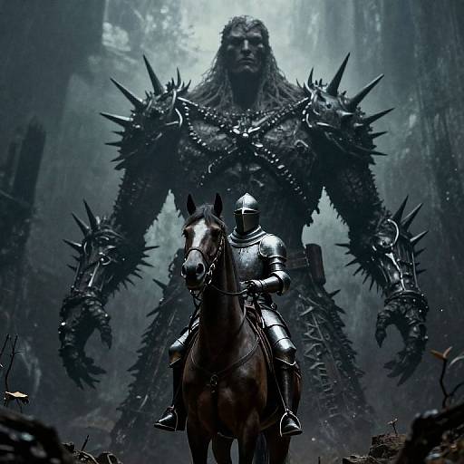 Digital fantasy artwork of armored warrior on horse, facing towering, spiked, monstrous figure in dark, foggy forest. Intense, ominous atmosphere.
