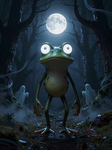 Digital illustration of a green frog with glowing white eyes, standing in a dark, eerie forest under a full moon, surrounded by ghostly figures.