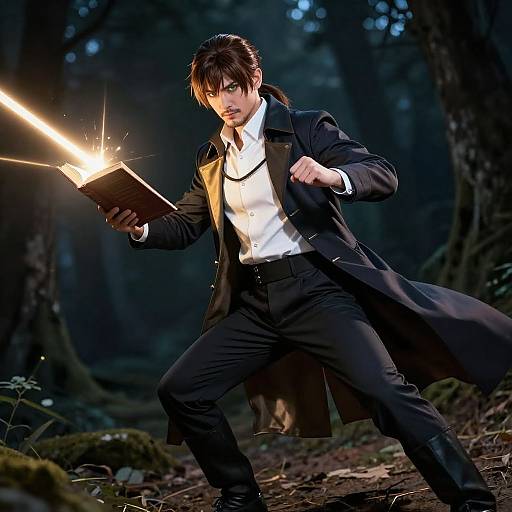 Photograph of a dark-haired man in a black coat and white shirt, wielding a glowing book in a dark, misty forest.