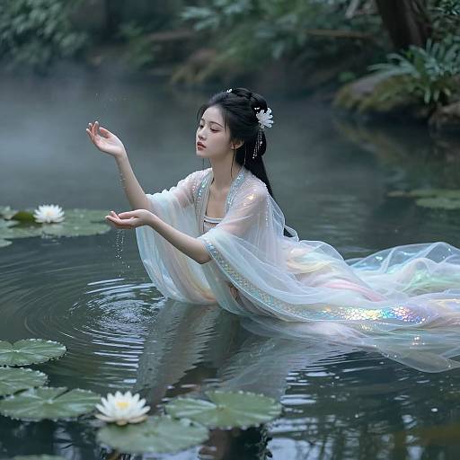 Photograph of an Asian woman with long black hair, wearing a translucent white dress, gracefully pouring water in a serene, lily-pad-covered pond,