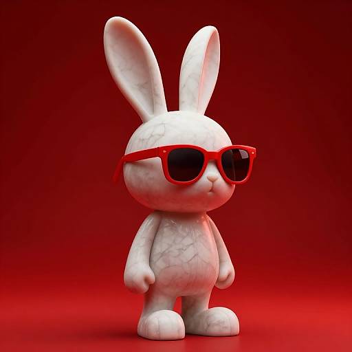 Digital 3D cartoon white rabbit with red sunglasses, standing against a solid red background, textured with subtle white veins.
