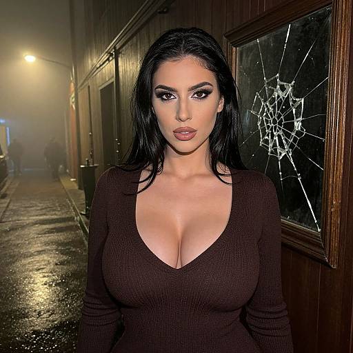 Photograph of a dark-haired woman with large breasts, wearing a low-cut black top, standing in a foggy, wet alley with a shattered window
