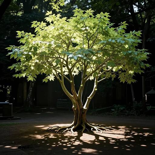 Photograph of a sunlit, green-leaved tree with sunlight filtering through its leaves, casting shadows on the dark forest floor.