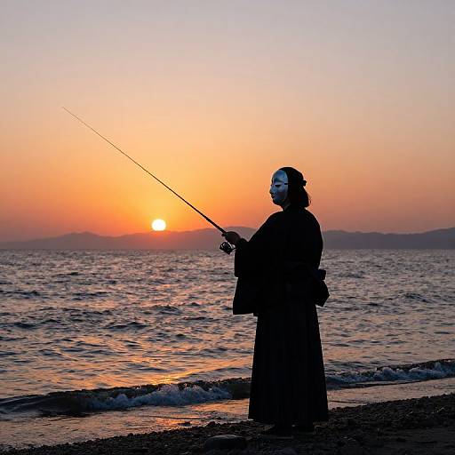 Silhouetted fisherman in a mask and long coat, holding a fishing rod, stands on a beach at sunset with an orange and purple sky