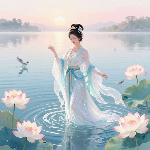 Digital painting of an Asian woman in a translucent white dress, standing in a serene lake with pink lotus flowers and birds. She has a delicate crown