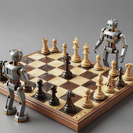 Robots Playing Chess on Ornate Wooden Board