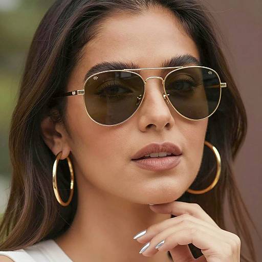 Woman Wearing Gold Aviator Sunglasses and Hoop Earrings