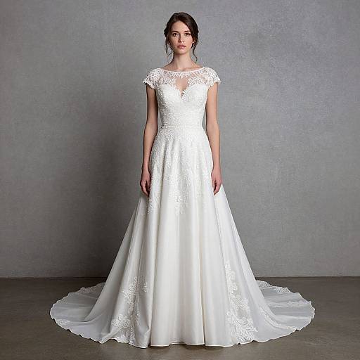 Photograph of a fair-skinned woman with dark hair in a white lace and satin wedding gown with a high neckline, standing against a gray textured wall