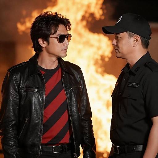 Fiery Standoff: Leather Jacket and Officer